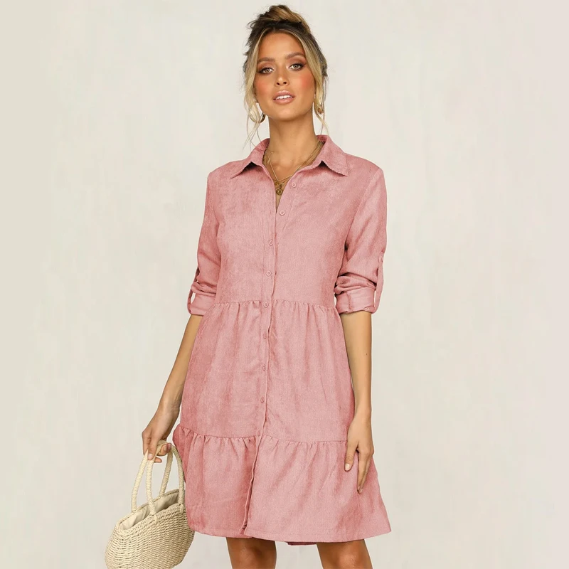

Women Casual Front Button Sheath Ruffeled Mini A-line Dress Turn-Down Collar 3/4 Sleeve Solid Short Shirt Dress Autumn New Dress