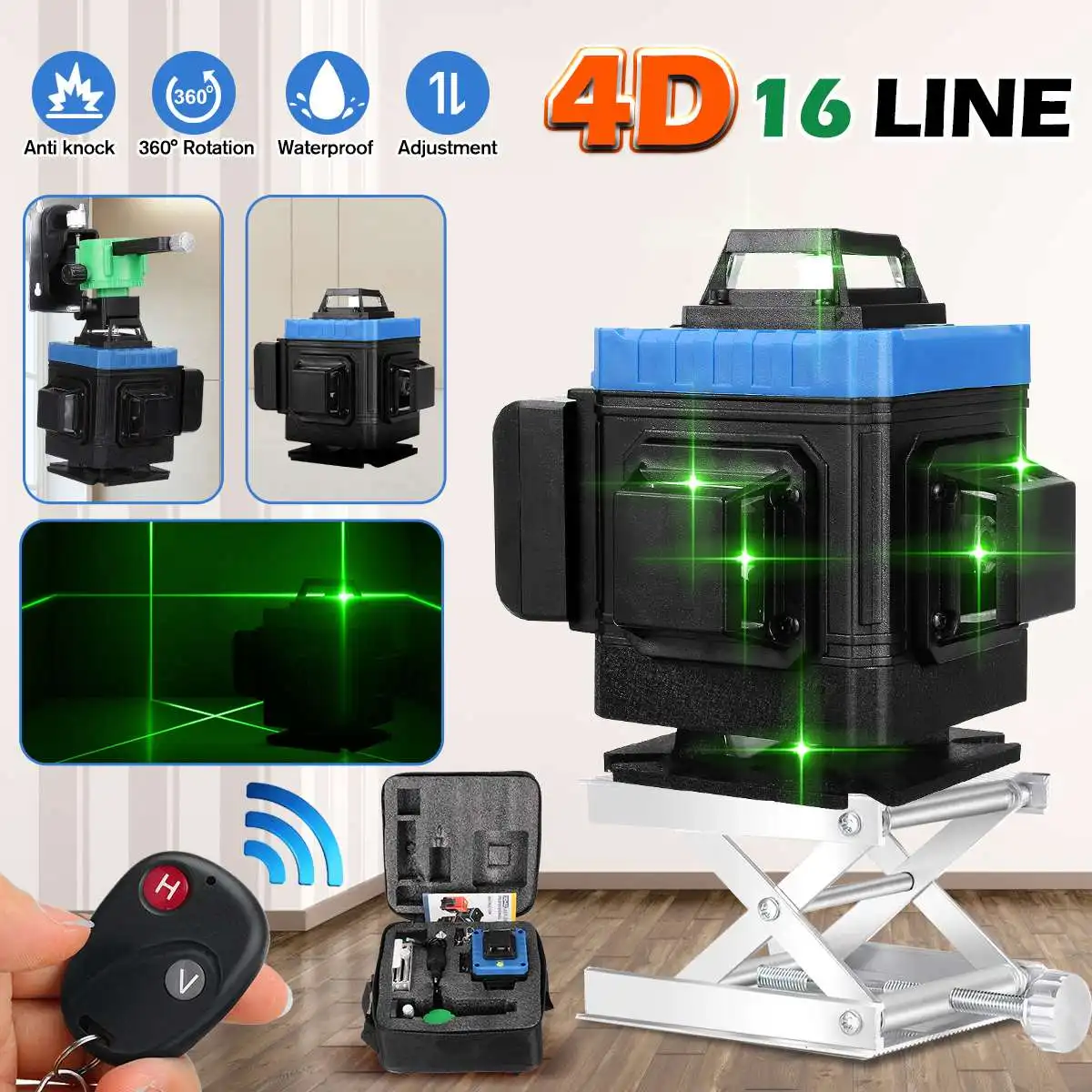 

FASGET 4D Green Laser Level Tripod 16 Lines Self-Leveling Vertical Horizontal Powerful Bracket 360 Green 3D Level Laser Receiver