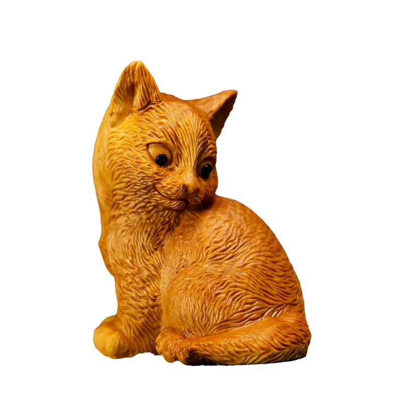 

NEYLENE Boxwood Carving 7CM Cat Wood Animal Statue Lucky Little Kitten Home Decoration Car Ornaments