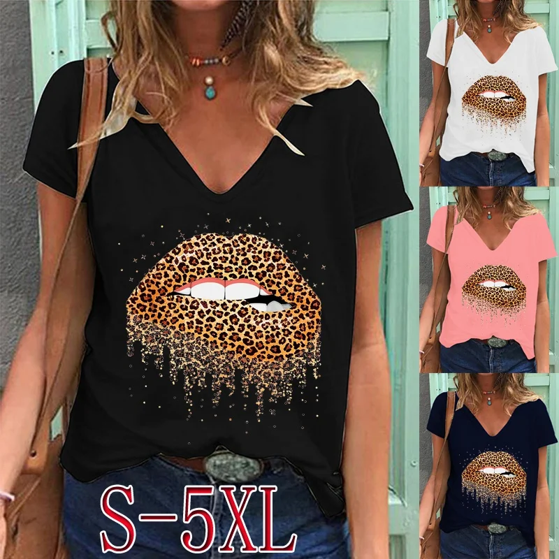 

Женская летняя модная повседневная футболка с леопардовым принтом губ и коротким рукавом с V-образным вырезом свободная графическая рубашк...