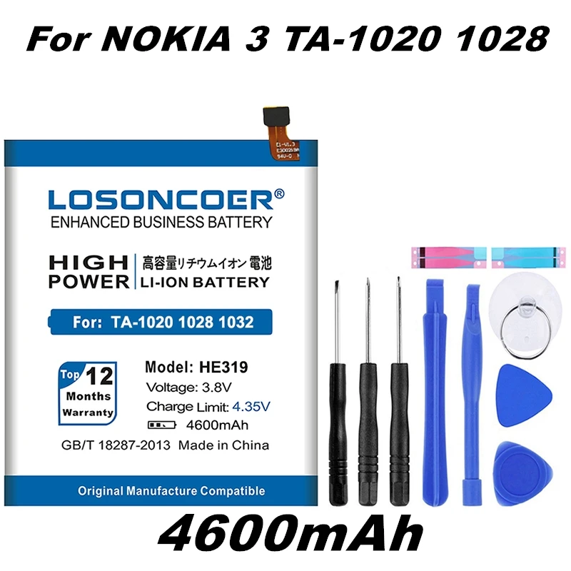 LOSONCOER 4600 мАч высокое качество Мобильный аккумулятор HE319 для Nokia 3 Nokia3 TA-1020 1028 1032 1038 литий-полимерные батареи