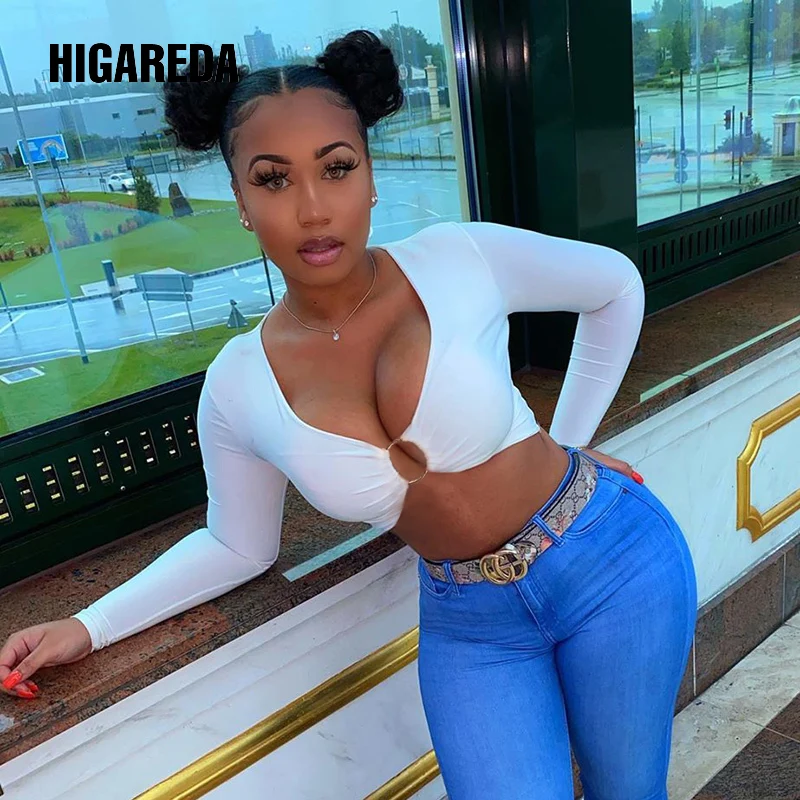 

2020 long sleeve V-neck sexy crop top autumn winter women fashion streetwear outfits white t shirt tees