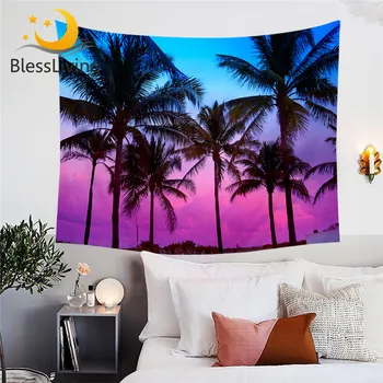 BlessLiving Palm Trees Tapestry Wall Hanging Tropical Decorative Wall Carpet Miami Beach Sunset Bedspread Purple 3D Tapisserie 1