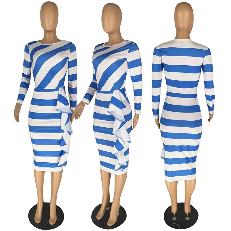 

New Striped Print Office Lady Elegant Pencil Dress Women Long Sleeve Draped Sheath Business Work Dress Female Bodycon Midi Dress