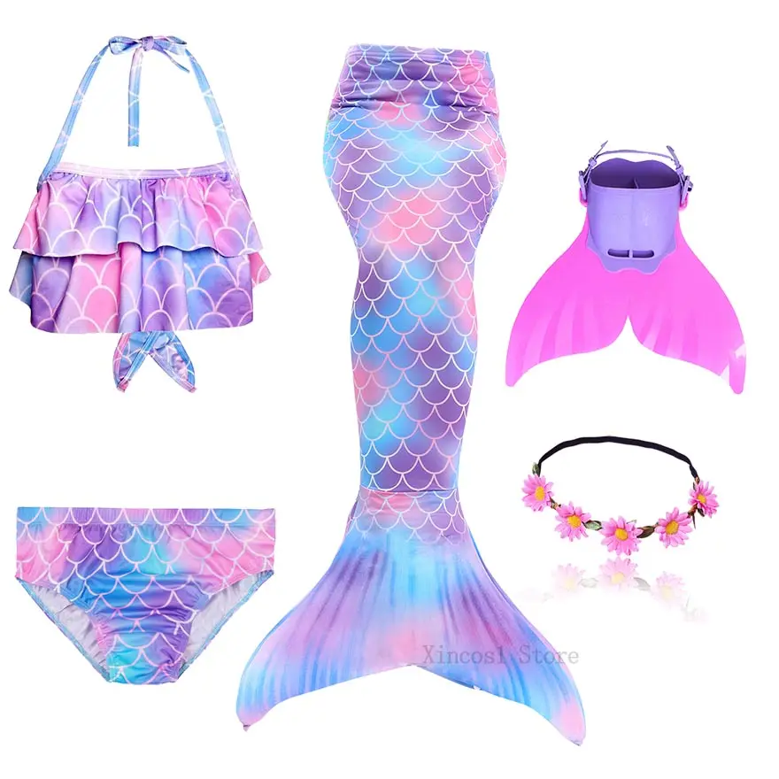Fancy NEW the Little Mermaid Tail with Garland or With Monofin Swimsuit for Kids Girls swimmable Bathing Suit Mermaid Costume