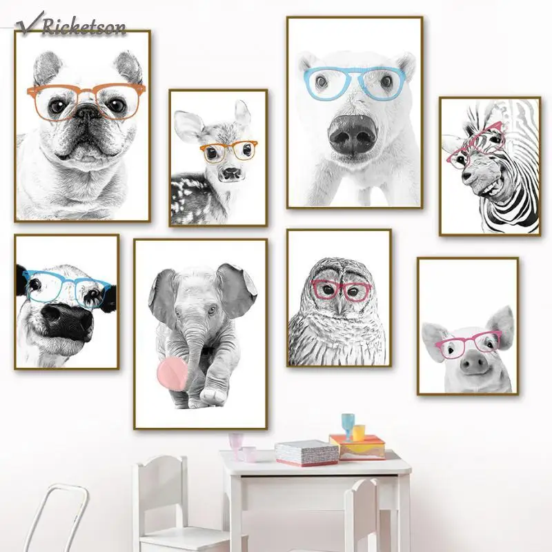 

Cute Animals Bear Deer Elephant Owl Zebra Dog Canvas Painting Animal Wall Art Posters and Prints Wall Pictures Kids Room Decor
