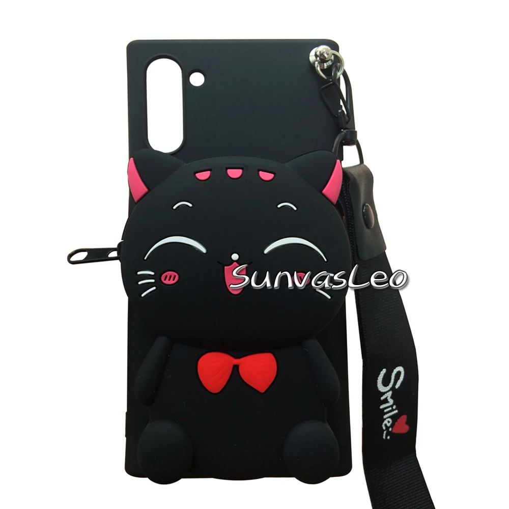 Black Lucky Cat 3D кошелек для samsung Galaxy Note 10/Note 10 Plus, мягкий силиконовый чехол с изображением животных из мультфильма, чехол-кошелек, чехол для телефона с цепочкой и кабелем - Цвет: Black Lucky Cat