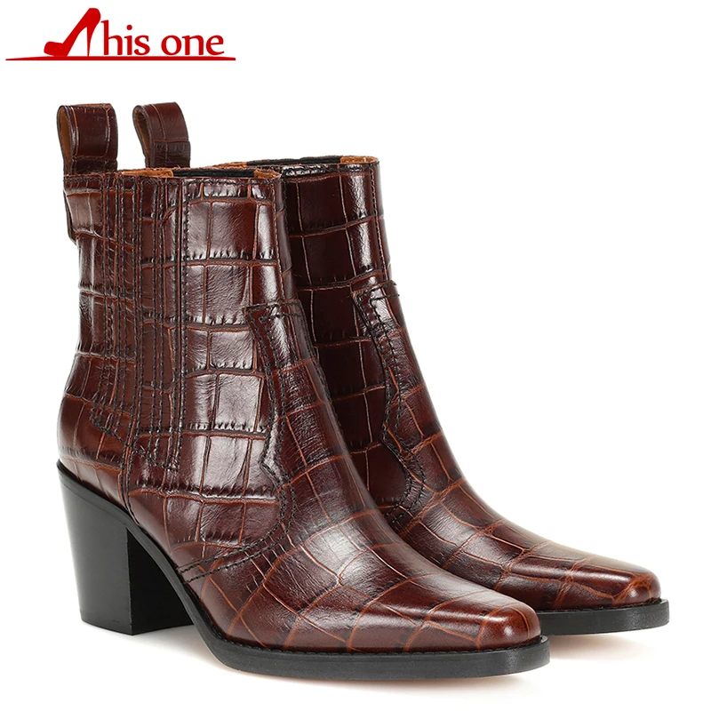 

2020 New Autumn Winter Leather Round Toe Short Boots Square Heel Women Shoes Slip on All Match Ankle Boots Size 34-45