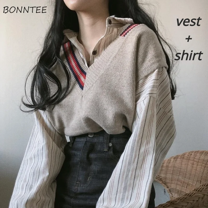 Two Pieces Sets Women Striped Shirts Single Breasted and V-neck Sweater Vest Korean Style Chic Trendy Popular Female Ulzzang Ins