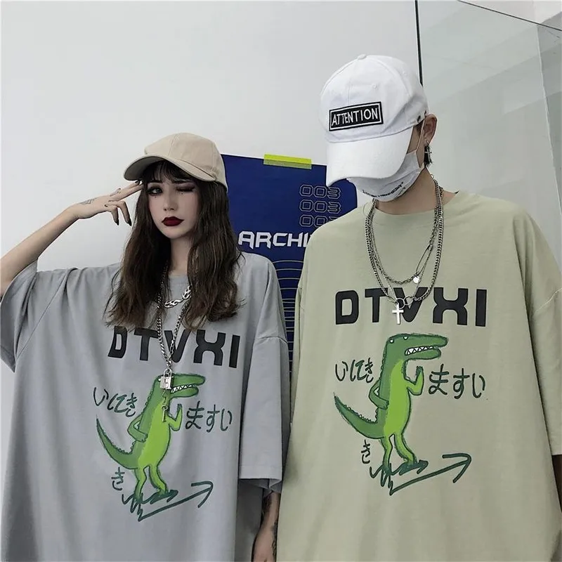 

2020 spring summer Korean dinosaur printing O-neck short-sleeved T-shirt Causal loose T-shirt for Couples Women Men Tops tees