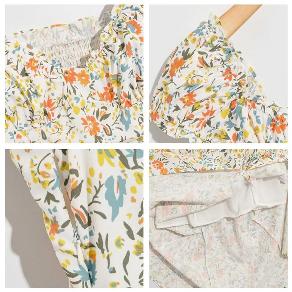 

Boho Women Sweet Split Dress Summer Printed Beach Midi Dresses Sundress Square Collar Short Sleeve Sexy Vestidos Female Clothing