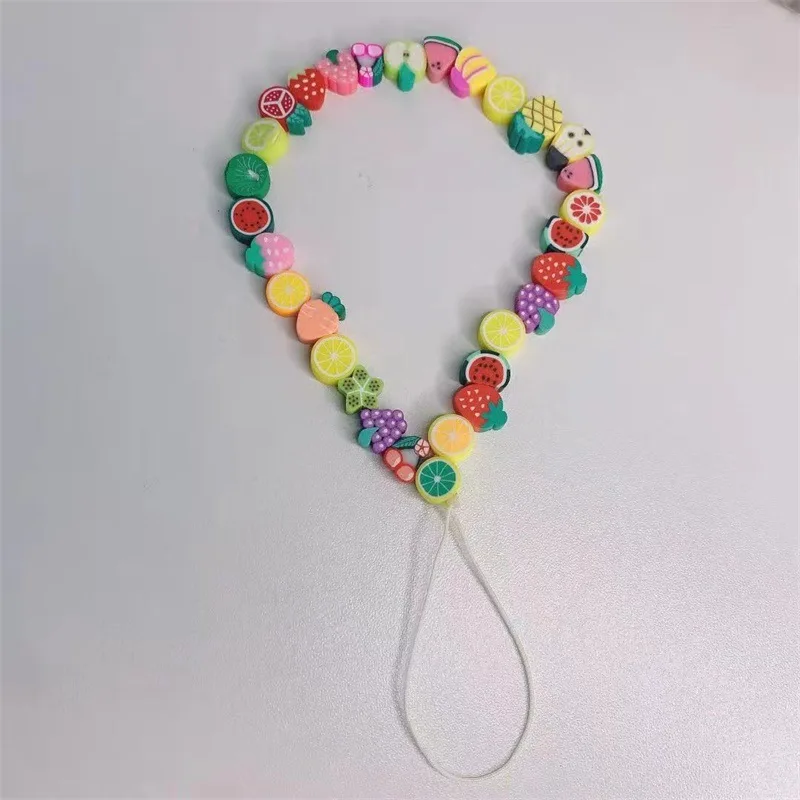 

2021 Hamdmade Colorful Flower Fruit Soft Pottery Beaded Chain for Mobile Phone Anti-lost Cord Strap Bracelet Multi-use Lanyard
