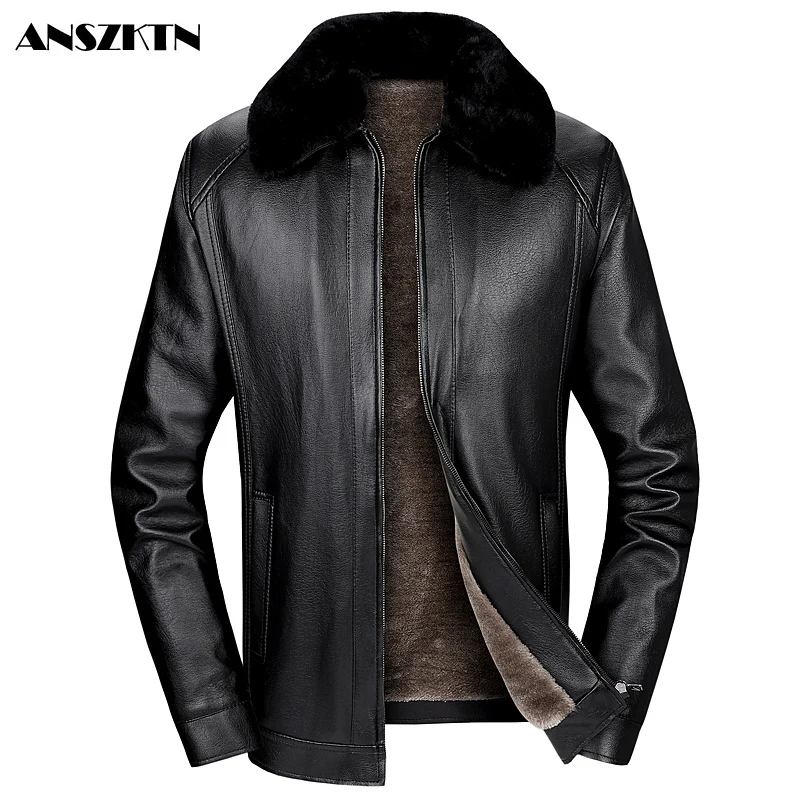 Плюшевая Толстая кожаная куртка новинка мужская с большим меховым воротником