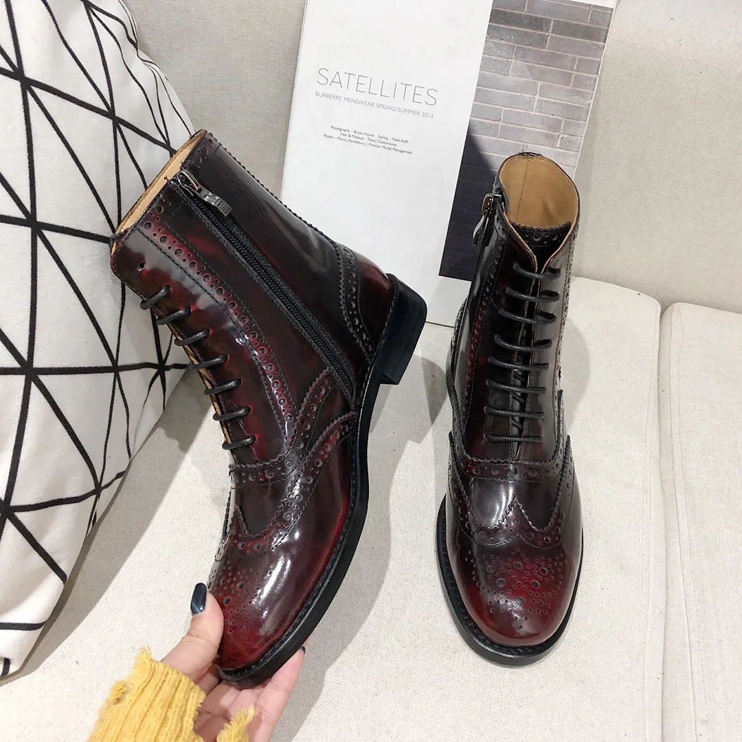 

Donna-in 2021 Autumn Winter Martin Boots for Women Handmade Brogue Vintage Brushed Patent Genuine Leather Burgundy Designer Shoe