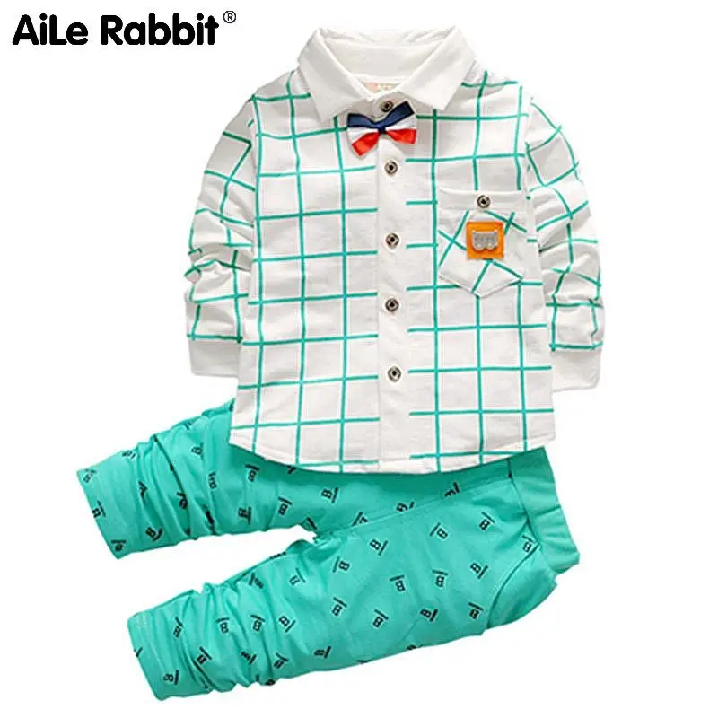 Boys Set Autumn Plaid Long Sleeve Shirt Pants 2 Piece Letter B Gentleman Bow Children's Clothing Suit K1 |