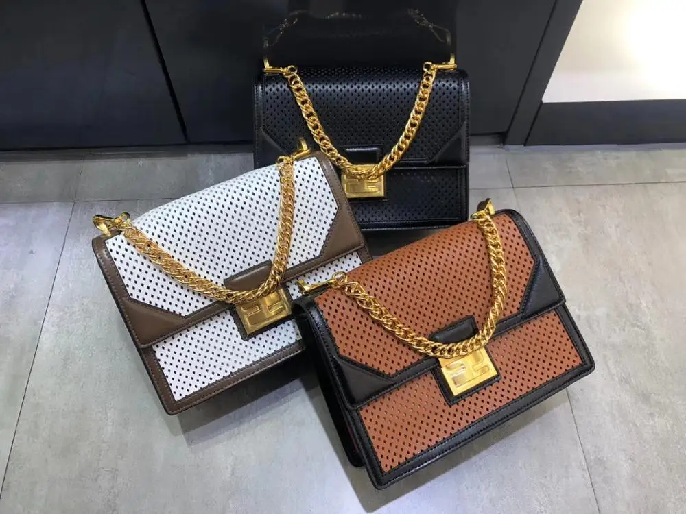 

free shipping 2020 the new style fashion and hollow out genuine cow leather women chain and leather shoulder& crossbody bag
