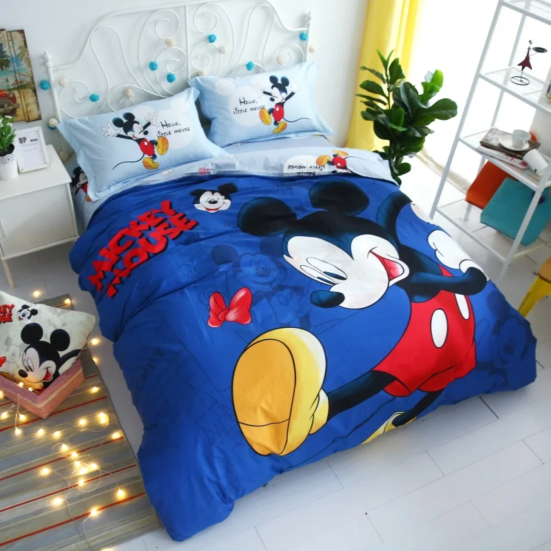 Disney Cartoon Mickey Mouse Print Bedding Set Blue Down Bed Cover Pillowcase Bed Sheet Children Bedroom Decor Home Textile