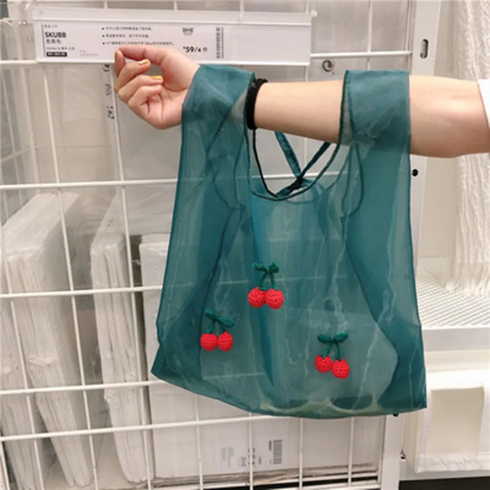 

Female Cherry Embroidery Hand Bag Organza Casual Tote Mesh Shopping Bags Woman Handbags