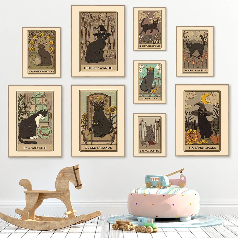 Настенные картины в скандинавском стиле с абстрактным котом и таро забавная