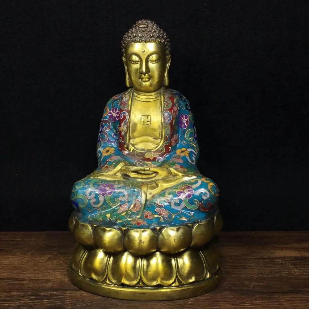 

Home Decor 9" Tibet Buddhism Temple Old Bronze Cloisonne Enamel Shakyamuni Buddha Statue Amitabha Enshrine the Buddha