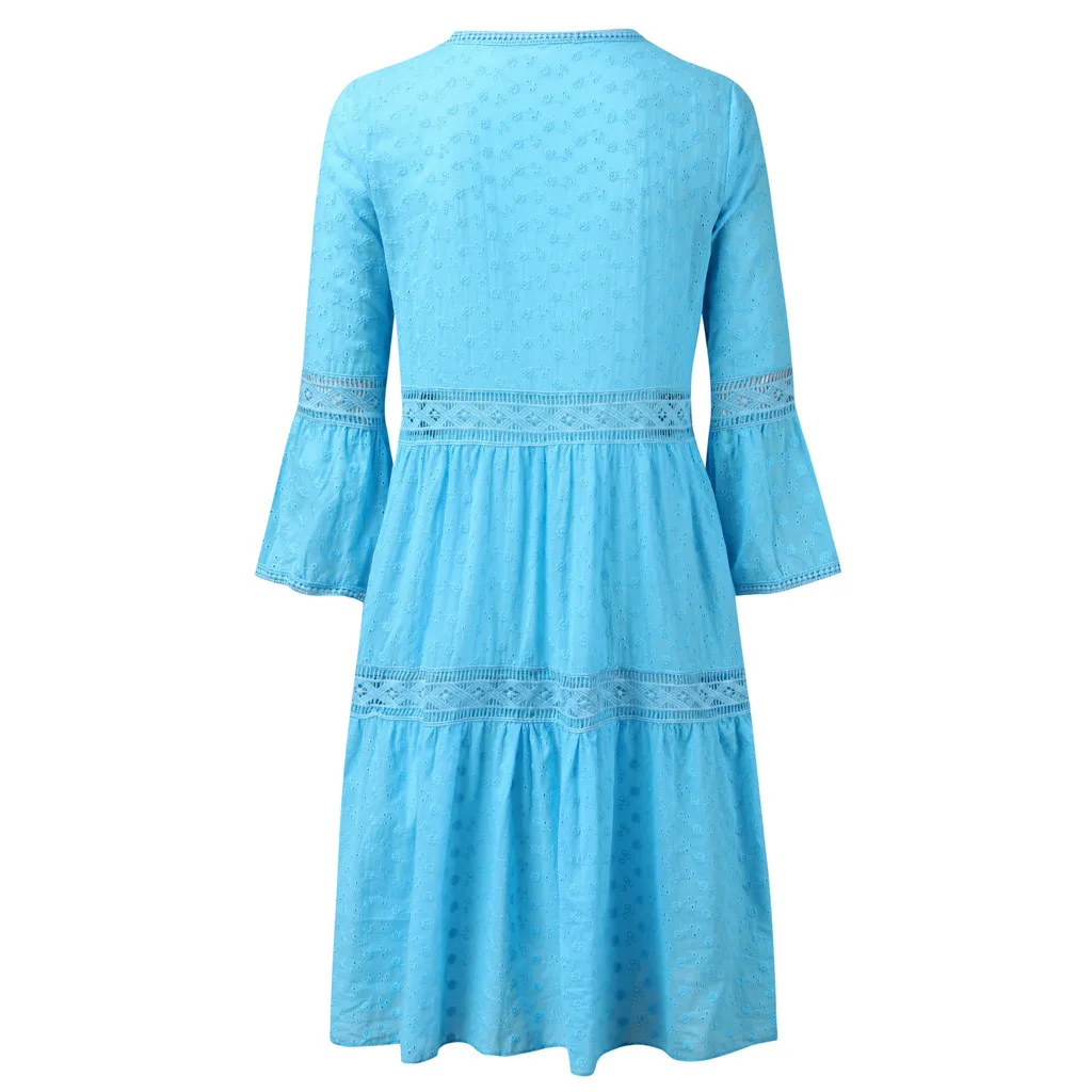 Платье для девочек, женское платье Boho, одноцветные платья с вырезом лодочкой, платья средней длины с рукавами 3/4, Прямая поставка 40