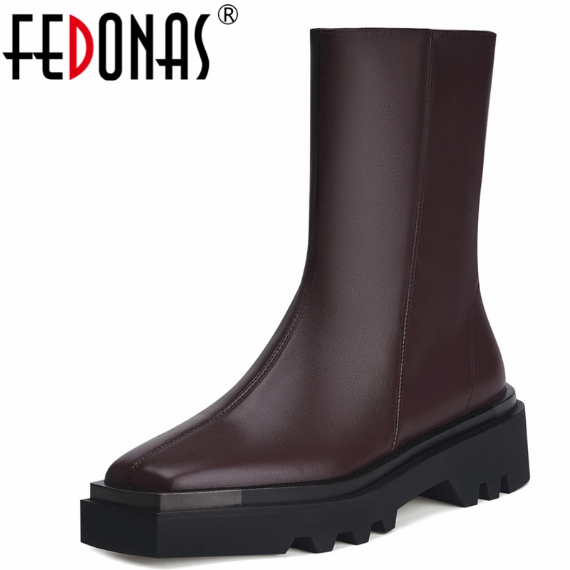 

FEDONAS Concise Fashion Women Ankle Boots Autumn Winter Square Toe Platforms Top Quality Genuine Leather Thick Heels Shoes Woman