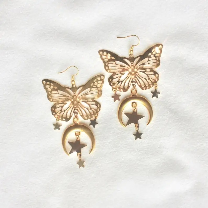 

Moon Dangle Earrings Moth Earrings - Gold Butterfly Earrings, Fairy Earrings, Ethereal Earrings