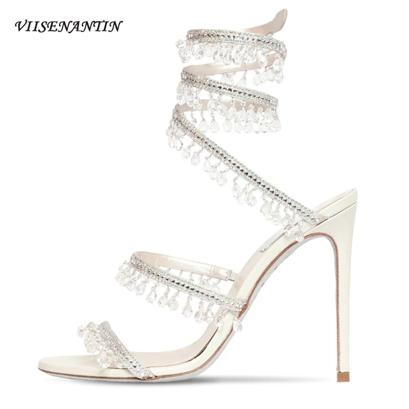 Роскошные свадебные женские босоножки Стразы со стразами и змеиным ремешком на