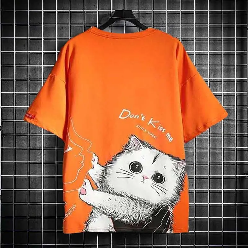 Футболка мужская с милым котом повседневная забавная рубашка в японском стиле