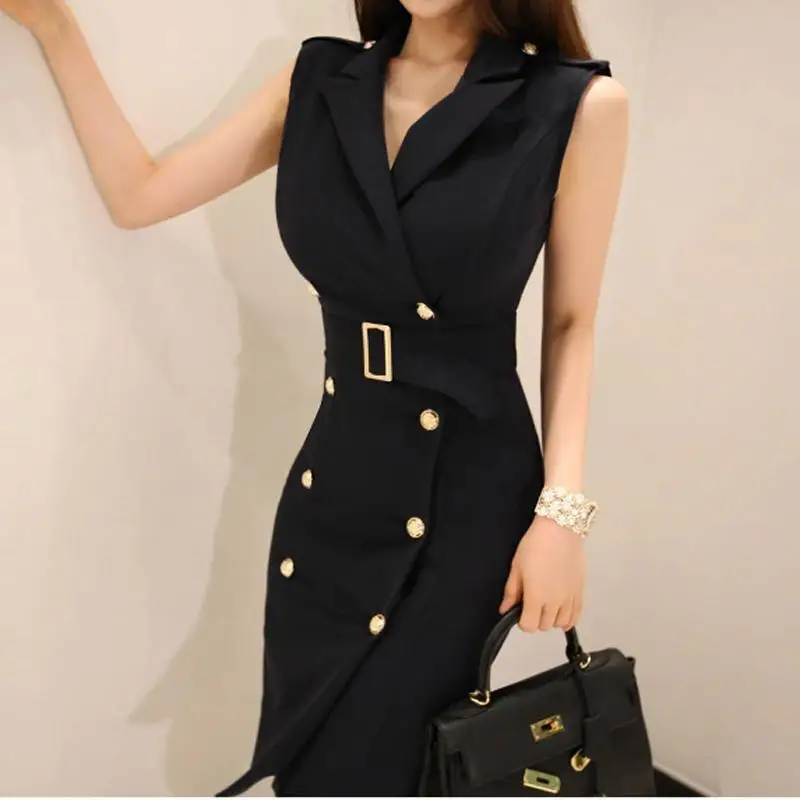

ZITY Women Summer Office Lady Work Wear Slim Vestidos Sleeveless Belteddouble Button Sexy Korean Fashion Style Dress Clothes