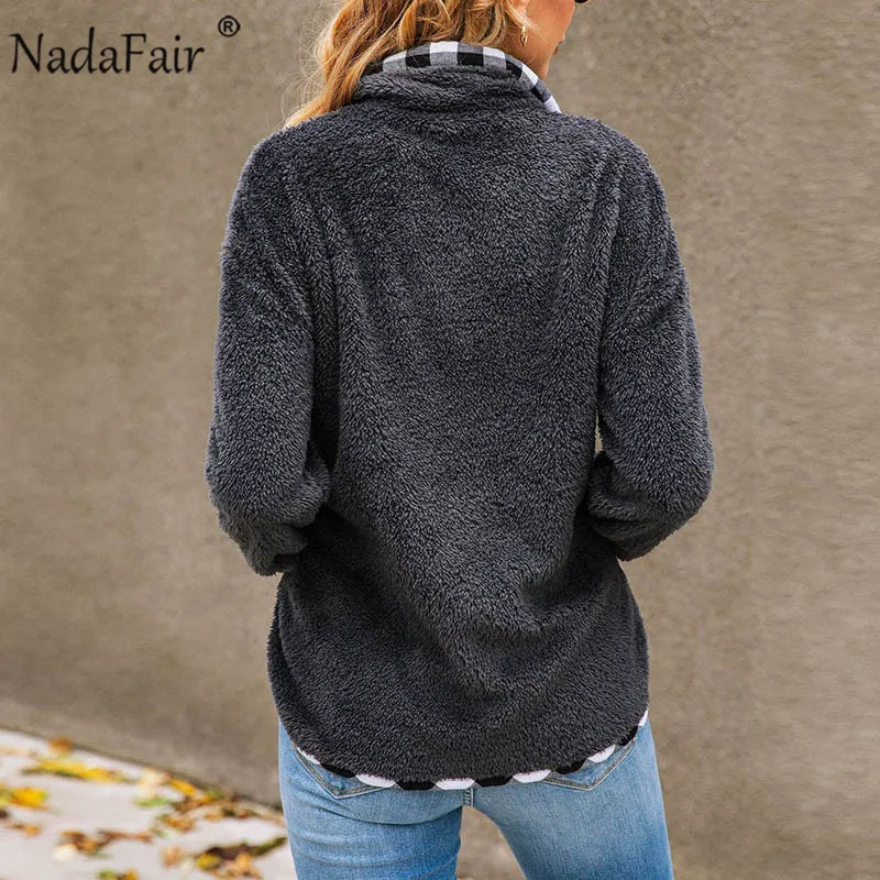 Осень зима 2019 повседневные женские толстовки Nadafair Свитшот в клетку с карманами