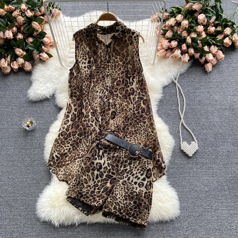 

VANOVICH Fashion Women Short Sets Summer New 2021 Leopard Print Sleeveless Tops Irregular Chiffon Shirt High Waist Short Sets