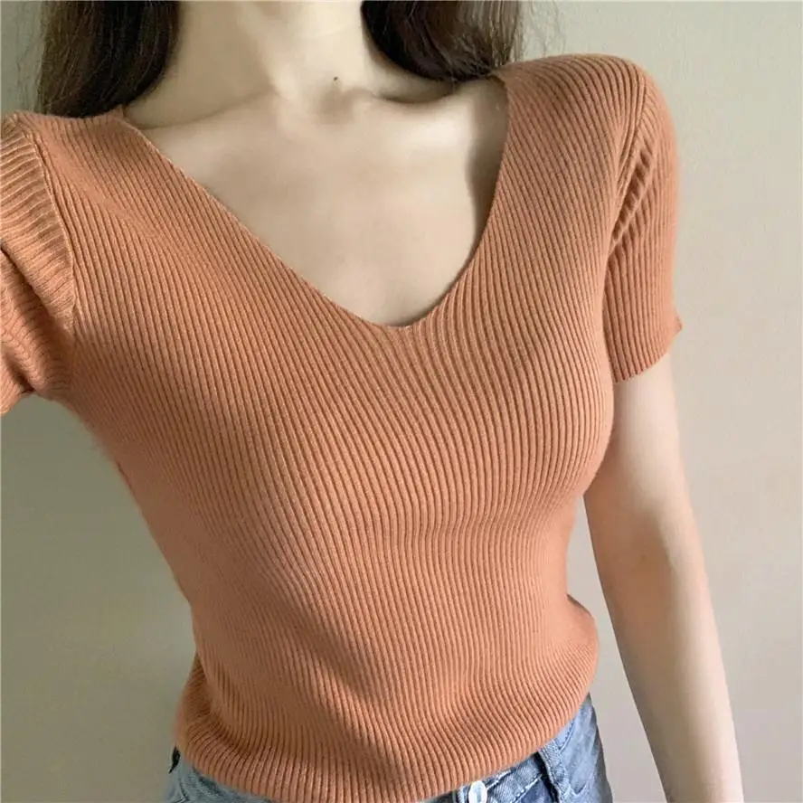 

Summer SlimStyle Korean Viscose FiberT-shirt Female V-neck Short-Sleeved Bottoming All-match Sweater Solid Color Knitted Casual