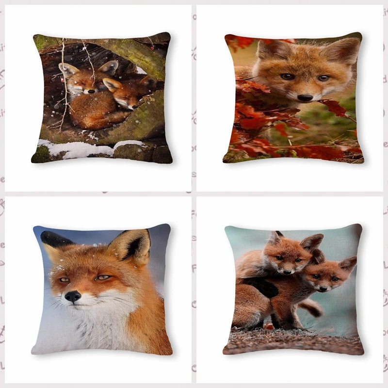 

Cute Funny Fox Cushion Cover Print Linen Family Affection Sofa Car Seat Home Decorative Throw Pillow Case Housse De Coussin