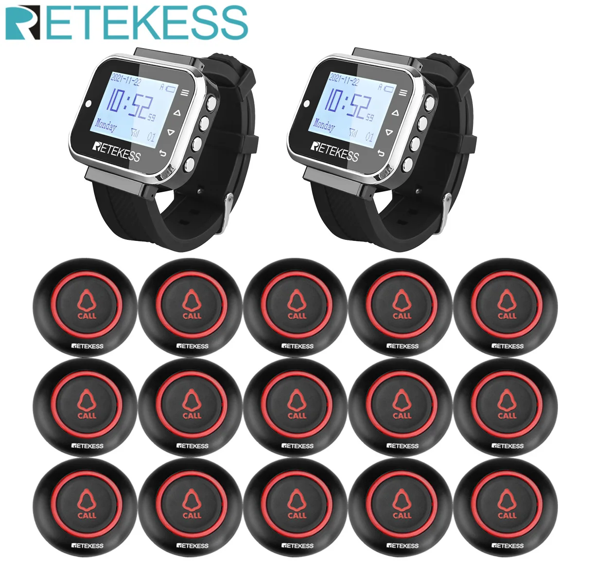 Retekess Restaurant Pager Wireless Calling System 7 Languages 2 TD110 Watch Receiver + 15 TD019 Button For Hookah Bar Coffee