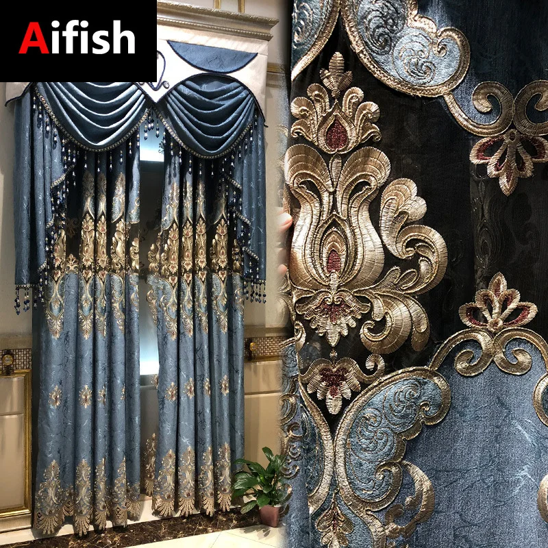 

European Luxury Palace Blackout Curtains For Bedroom Living Room Villa Blue Window Drapes Water Soluble Embroidery Cortinas 4