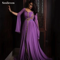 smileven purple caftan evening dresses flare sleeve a line arabic dubai party gowns gold lace muslim prom gown plue size