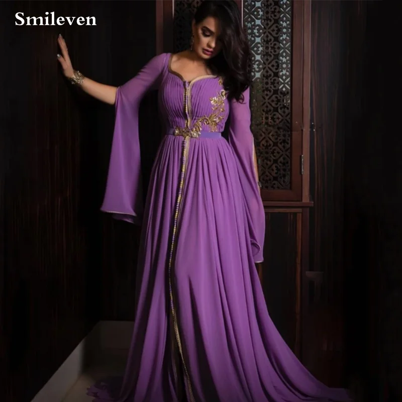 Smileven Purple Caftan Evening Dresses Flare Sleeve A Line Arabic Dubai Party Gowns Gold Lace Muslim Prom Gown Plue Size | Свадьбы и
