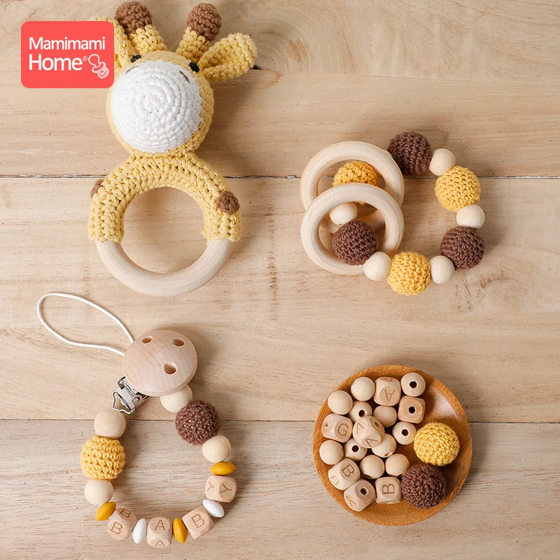 1Pc Baby Wooden Rattles Crochet Giraffe Music Bell Personalized Name Pacifier Chain Teething Bracelets Rodent Newborn Gifts | Игрушки и