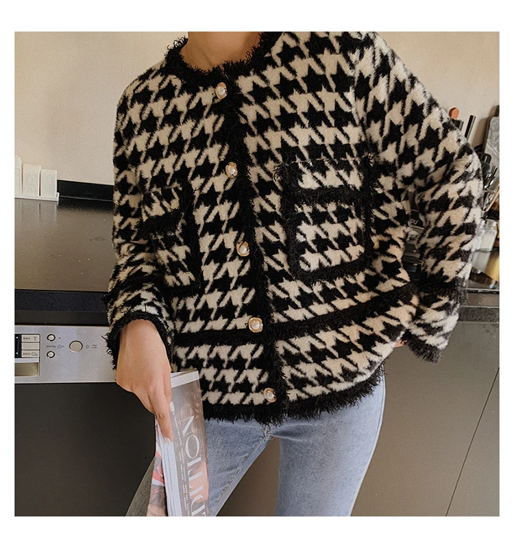 

Autumn 2020 New Sweater Coat Retro Shirt Check Long Sleeve Single Breasted Plaid Loose Knit Cardigan Tide Ladies Cardigan sweat