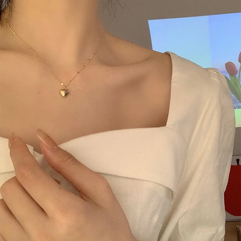 

925 Sterling Silver Love Heart Necklace for Women Mnimalist Bead Clavicle Chain Choker Wedding Jewelry