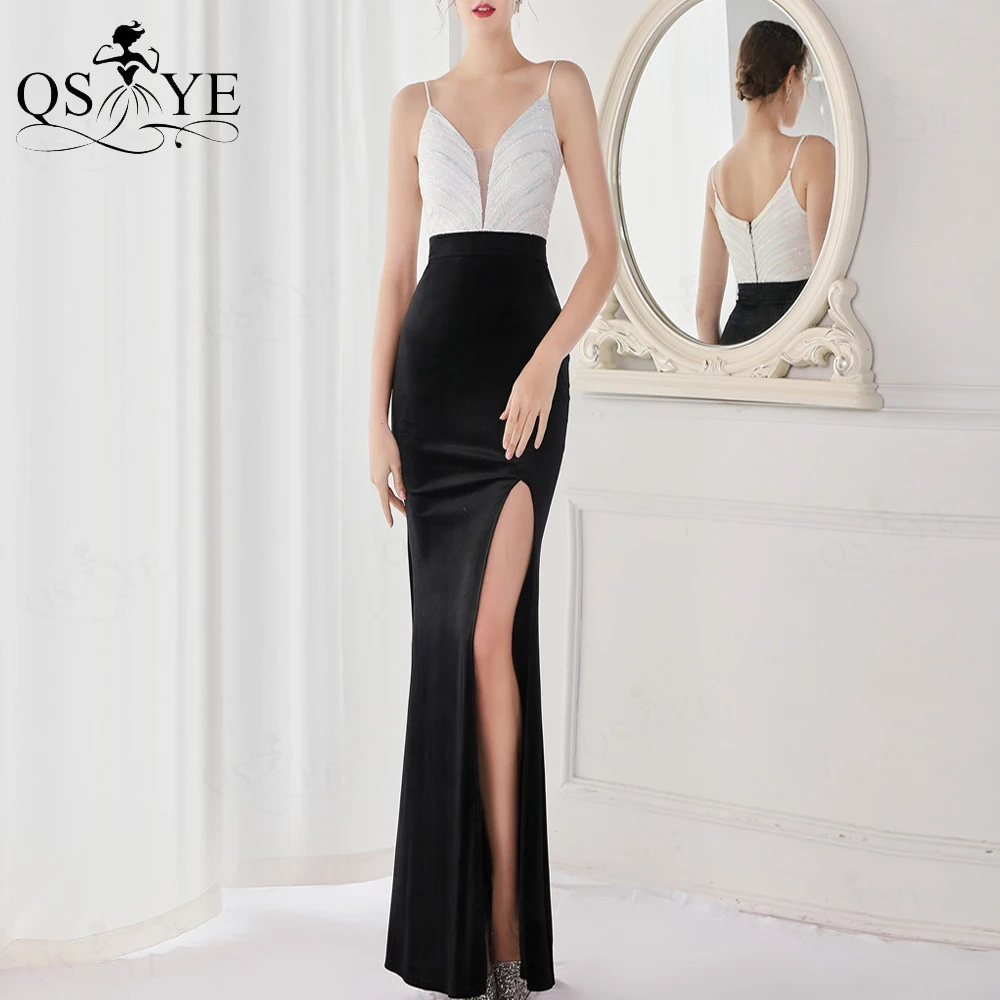 

Black White Prom Dresses Mermaid Spaghetti Straps Sequin Evening Gown Sexy Split V neck Shoulder Straps Party Formal Dresses