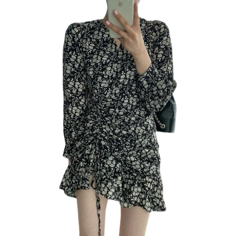 

Korean Chic Spring Style Western Style Irregular Drawstring Lace Ruffled Long Sleeve Small V-neck Floral Dress