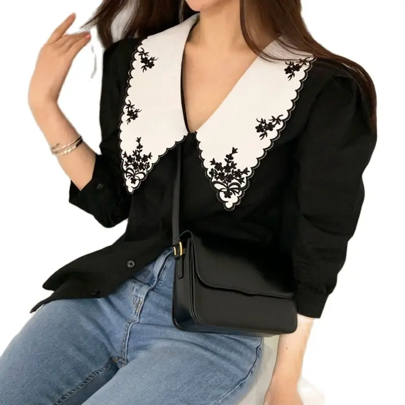 Женская рубашка с отложным воротником Классический Топ из полиэстера и хлопка в