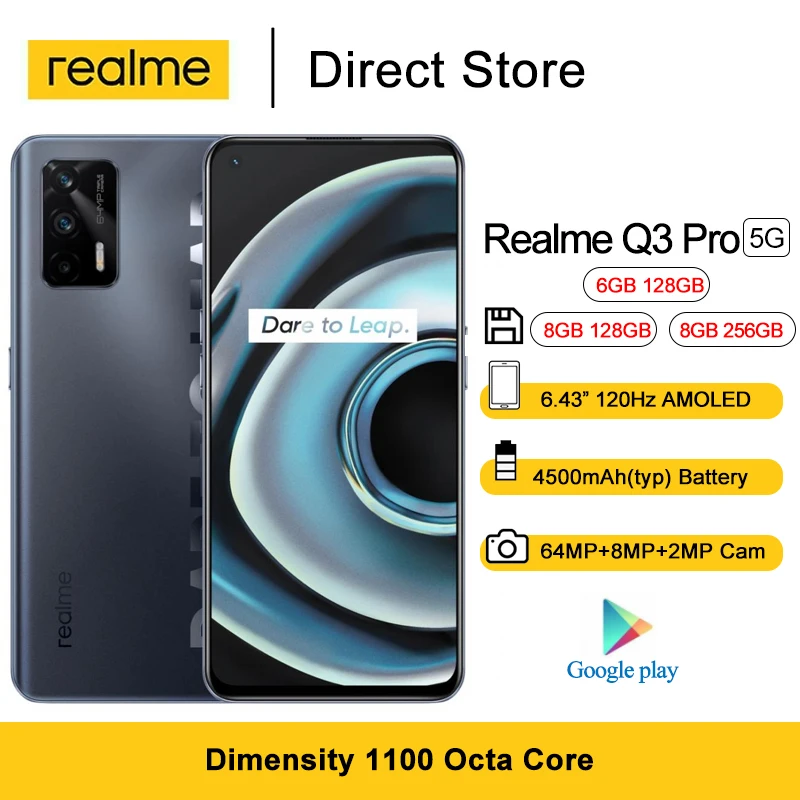 Новый Realme Q3 Pro 5G Смартфон Android 11 6 43 &quotFHD + безрамочный экран AMOLED MTK Dimensity 1100 Octa Core 64MP