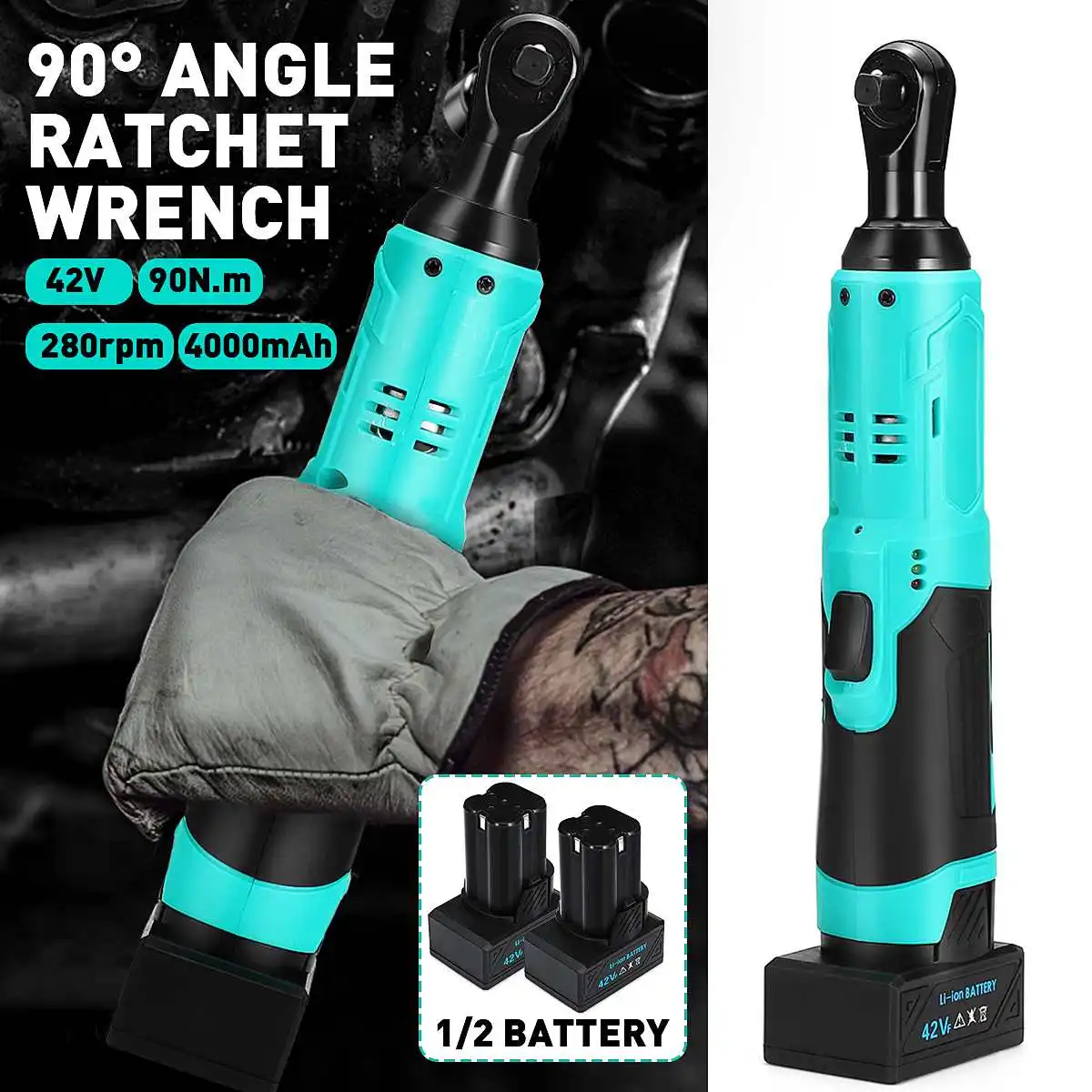 

Electric Wrench 3/8" Cordless Ratchet Rechargeable Scaffolding 90 N.m Right Angle Wrench Tool + 1/2 Battery Charger Socket Kit