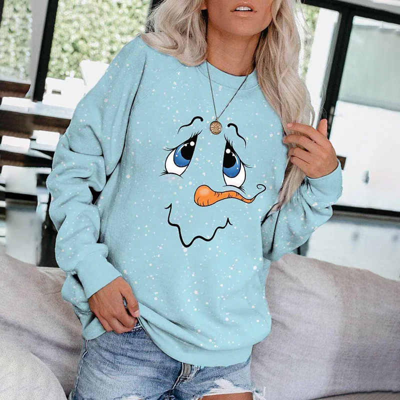 

Women's Cute Snowman Face Print Long Sleeve Sweatshirt Women Casual Top J55