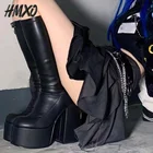 Женские высокие сапоги HMXO с квадратным носком на толстой подошве, но высокие сапоги до колена на очень высоком каблуке, тонкие эластичные сапоги