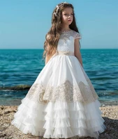new first communion dress for girls applique lace puffy skirt sheer neck children flower girl dress kids pageant gown