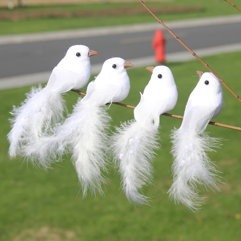 

4PCS Artificial Bird White Feathers Clip on Tree Artificial Feather Birds Decor